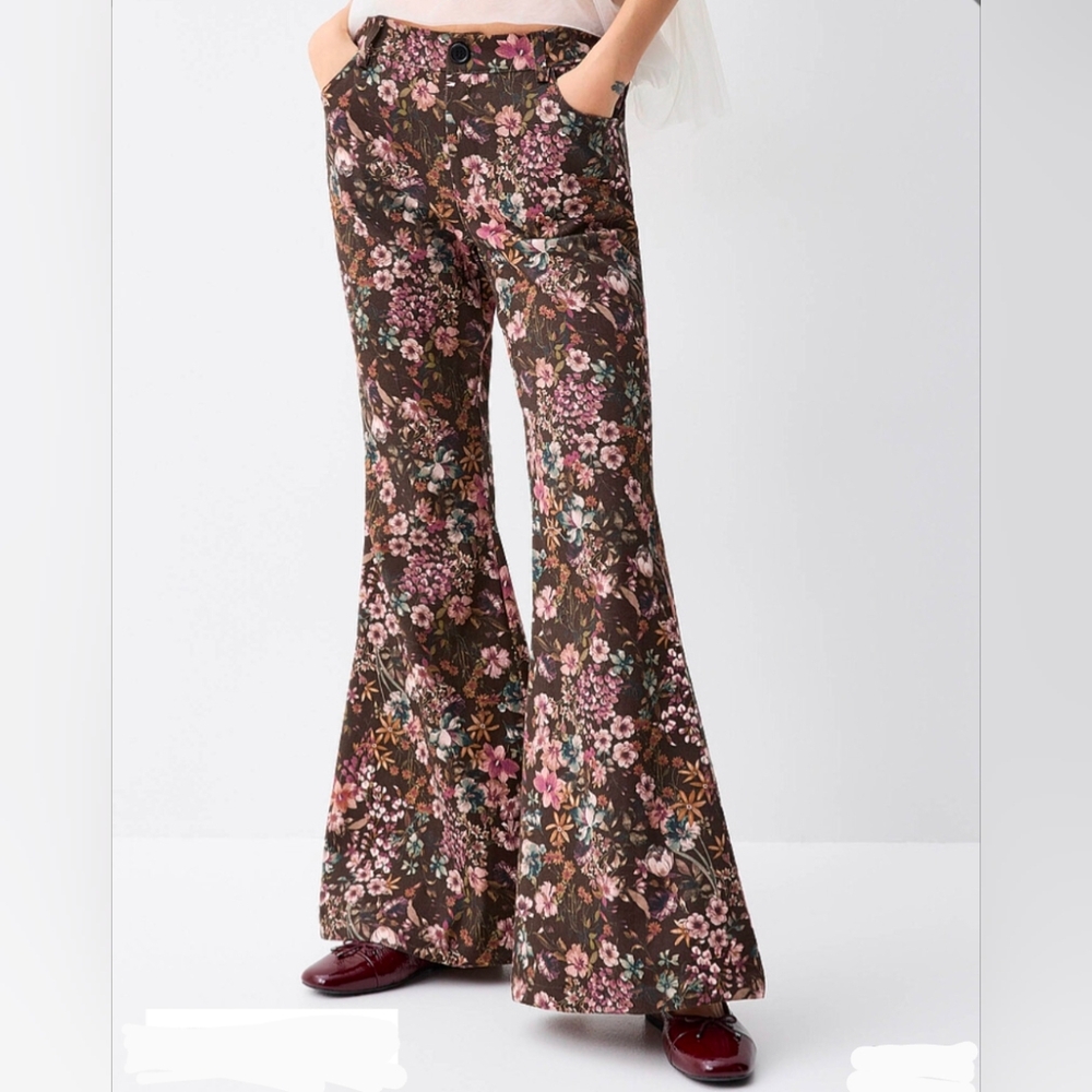 Charming Bunny Twik Brown Autumn blossoms Flared Jeans Size M/M Boho Retro New!